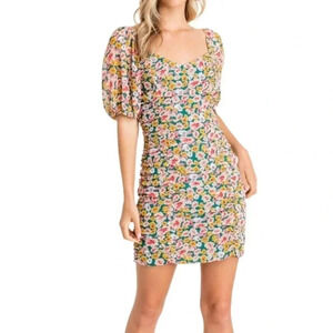 Lush A Field Of Daisies Ruched Mini Puff Sleeve Floral Dress Size Medium